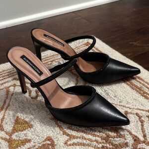 🖤 BCBG MAXAZRIA Black Jana Crystal Leather Mules Pointed Toe Heels